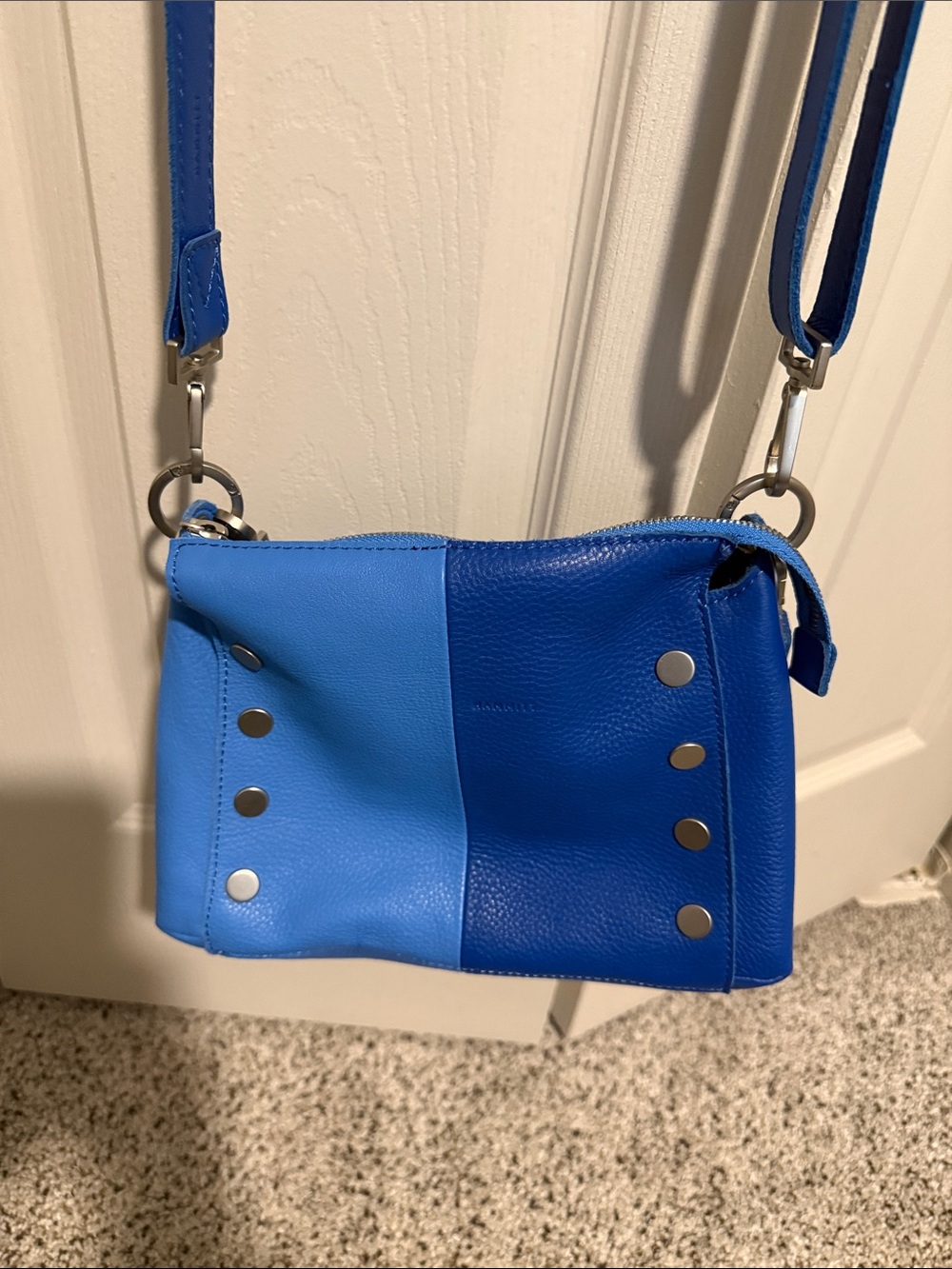 Hammitt Two-Tone Cobalt and Sky Blue Leather Crossbody with Silver Studs